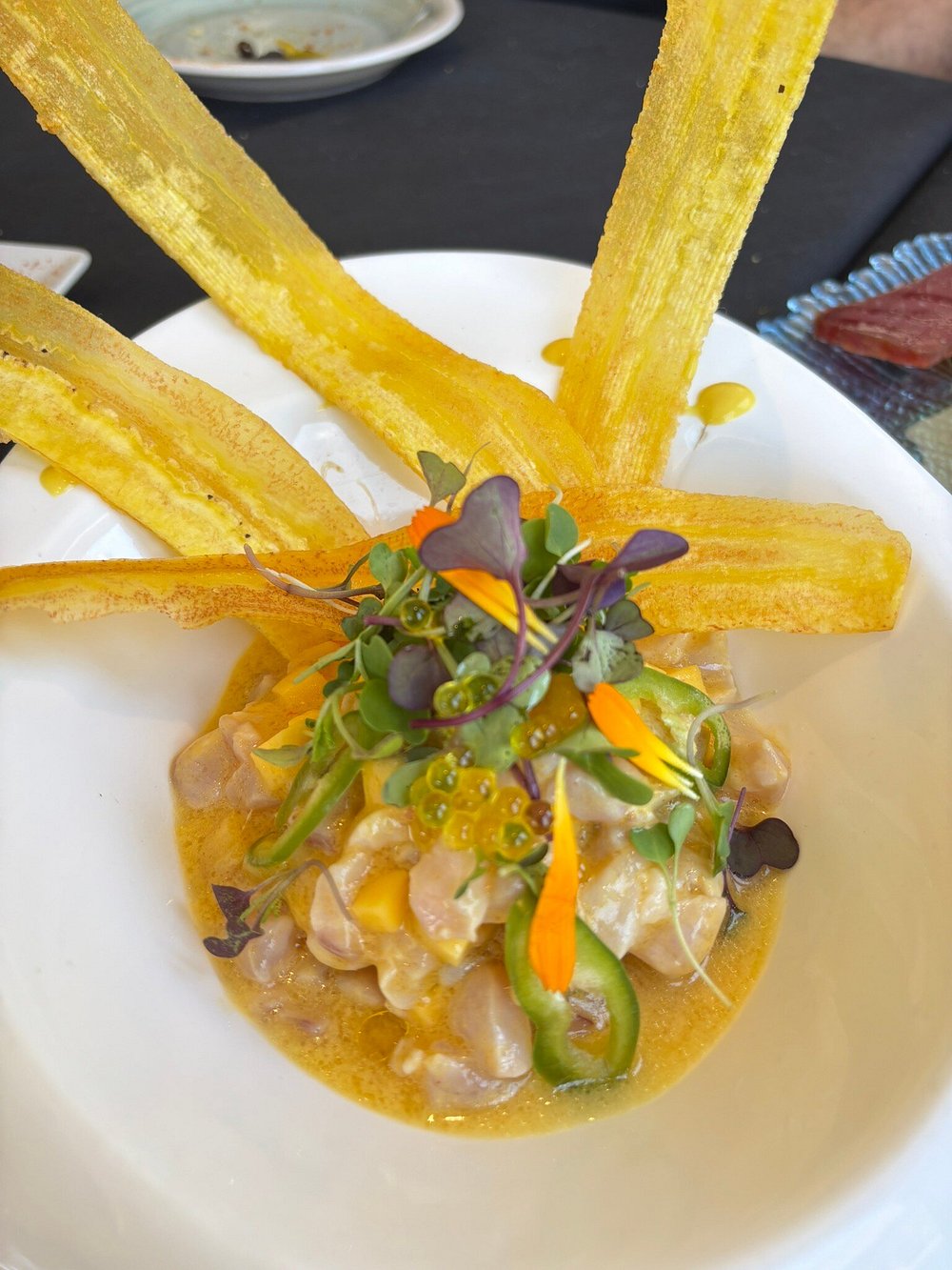 Ceviche o tartar gourmet decorado con brotes tiernos y crujientes de plátano macho.