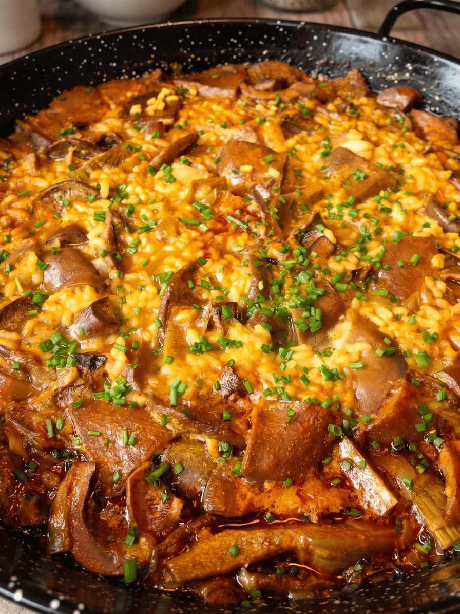Plato de arroz meloso con setas y perejil fresco picado.