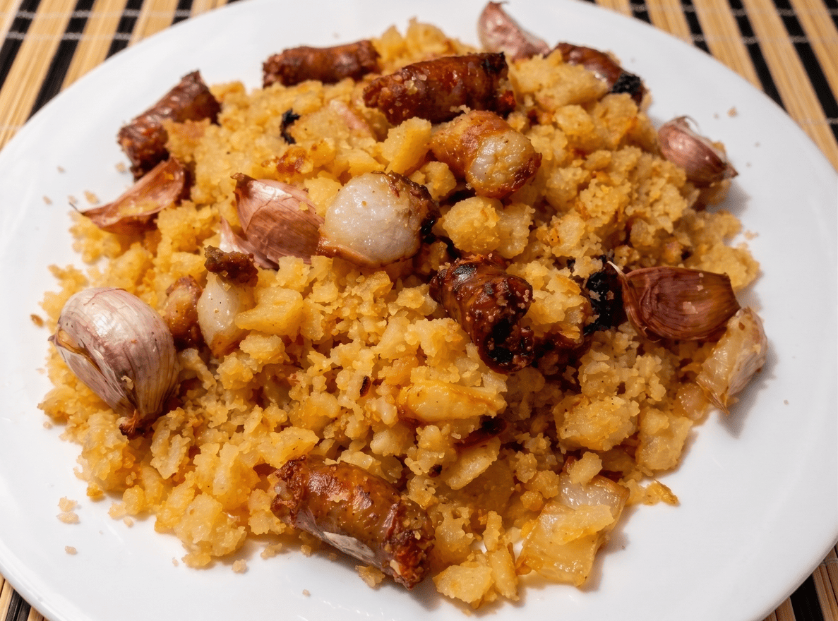 Plato de arroz seco con ajos enteros y carne.