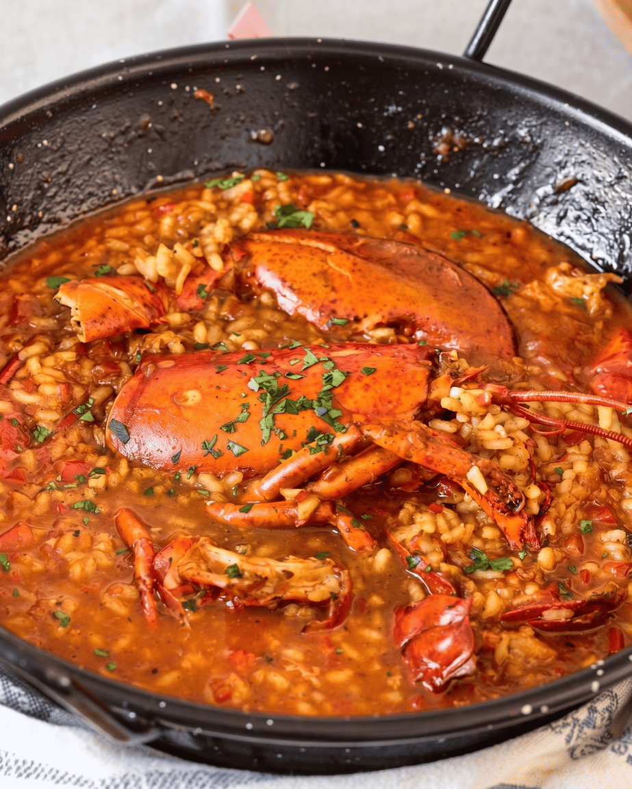 Arroz con bogavante servido con pinzas e intenso caldo.