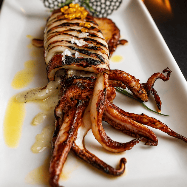 Calamar o pulpo a la plancha con aliño de aceite de oliva y perejil.