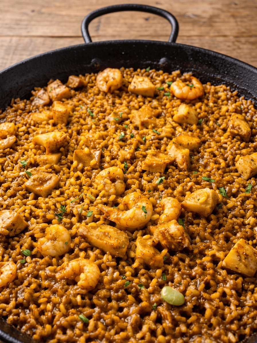 Paella tradicional de arroz con tropezones de marisco y calamares.