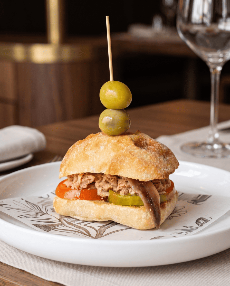 Montadito gourmet de carne con pimiento y aceitunas en palillo.